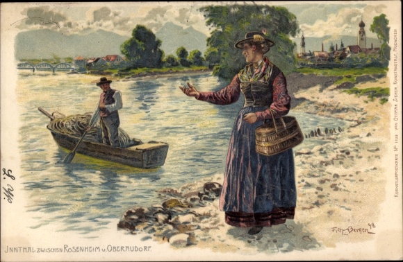 Kunstenaar litho Bergen, Fritz, Inntal tussen Rosenheim en Oberaudorf, Beierse kostuums