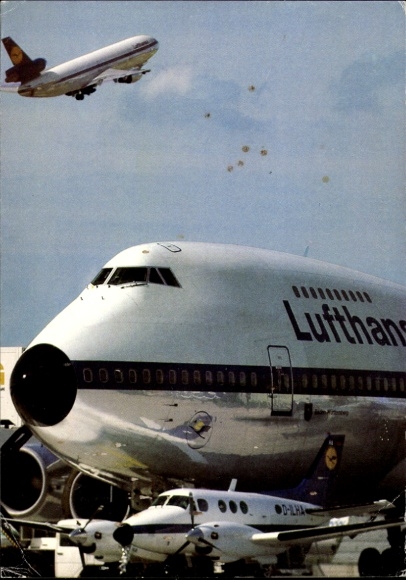 Postcard Lufthansa passenger plane at an airport