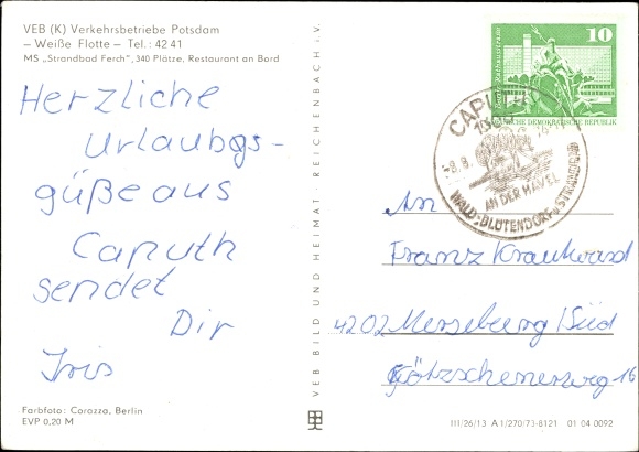 Postcard Potsdam, VEB Verkehrsbetriebe, Weiße Flotte, MS Strandbad Ferch