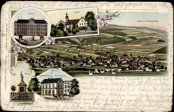 Chromo-Litho Lauter Bernsbach in the Ore Mountains Saxony, school, church, monument