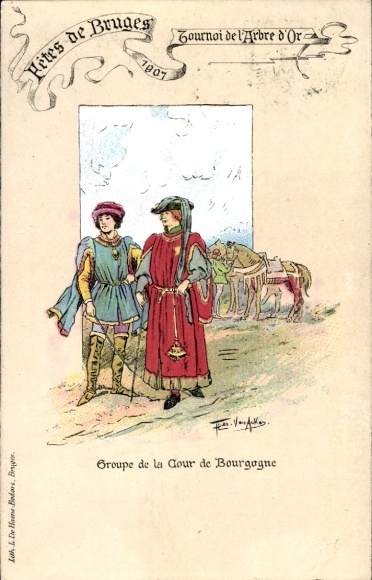 Künstler Ak Bruges Brügge Westflandern, Festes 1907, Tournoi de l'Arbre d'Or, Cour de Bourgogne