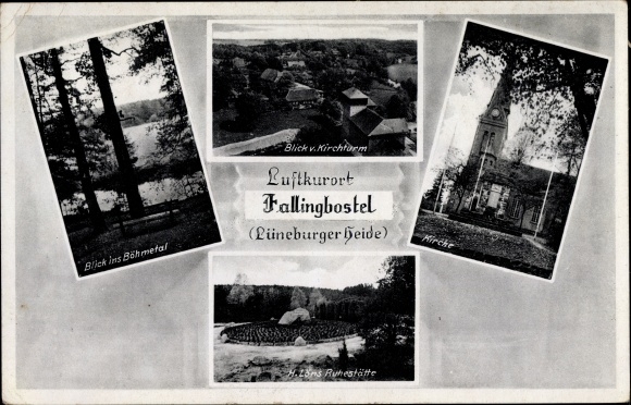 Postcard Bad Fallingbostel Lüneburger Heide, Böhmetal, church, H Löns resting place