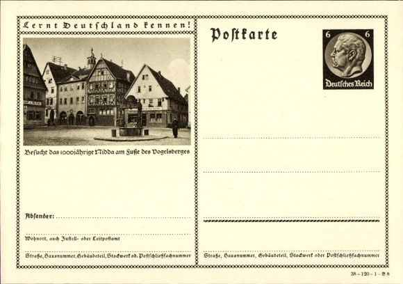 Postal stationery PC Nidda in Hesse, market square, fountain, half-timbered house