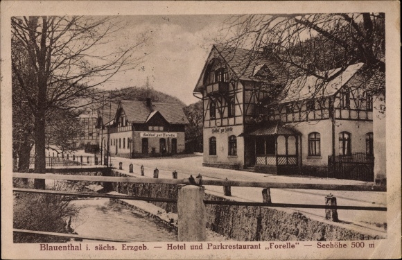 Postcard Blauenthal Eibenstock in the Ore Mountains, hotel and park restaurant trout, inn