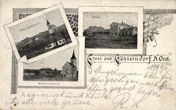 Postcard Gänserndorf in Lower Austria, Unter-Gänserndorf, train station, church square, church