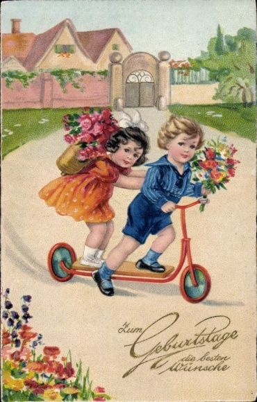 Ak Glückwunsch Geburtstag, Zwei Kinder, Tretroller, Blumensträuße