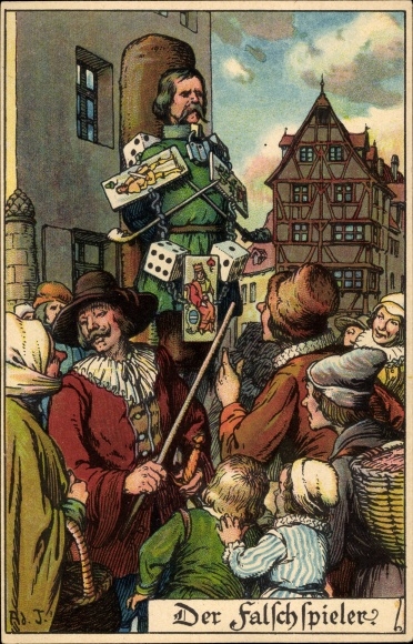 Kunstenaar litho Jodolfi, De kaartenscherp, schandpaal