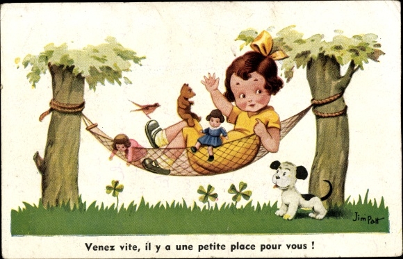 Artist PC Patt, J., girl lying in a hammock, dog, toys, lucky clover