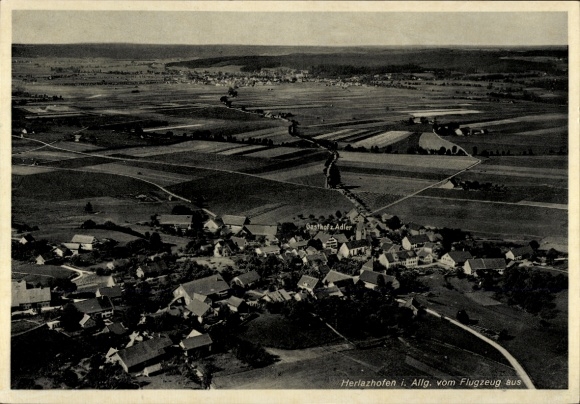 Postcard Herlazhofen Leutkirch im Allgäu Württemberg, aerial photograph, Gasthof zum Adler