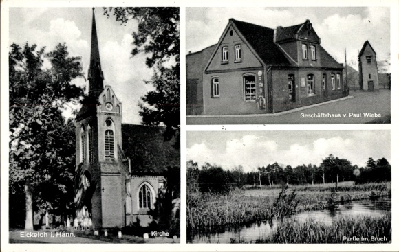 Postcard Eickeloh in Lower Saxony, church, commercial building, in Bruch
