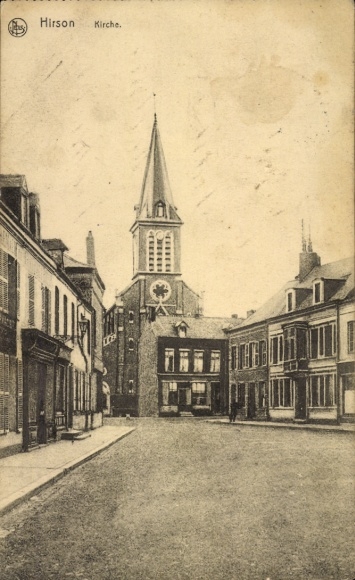 Postcard Hirson Aisne, church, street view, map