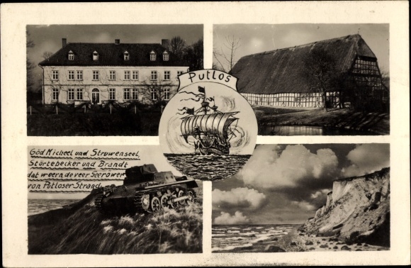Postcard Putlos military training area near Oldenburg in Holstein, tanks, half-timbered house, manor house, coast