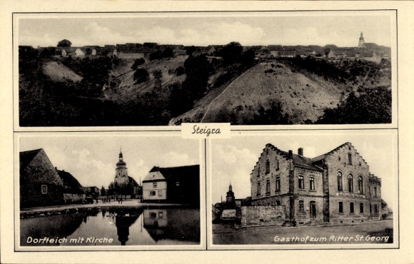 Ak Steigra in Saalekreis, panorama, Gasthof zum Ritter St Georg, dorpsvijver met kerk