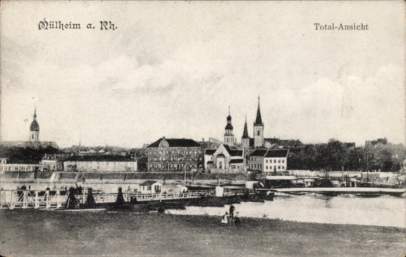 Postcard Mülheim an der Ruhr, total view, cityscape, river, boats, churches