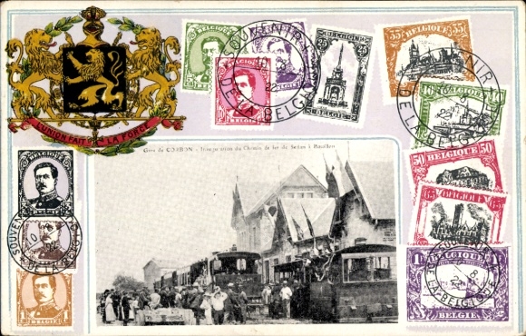 Embossed coat of arms stamps Postcard Corbion Bouillon Belgium, Inauguration of the Railway Station, Gare, Train Station