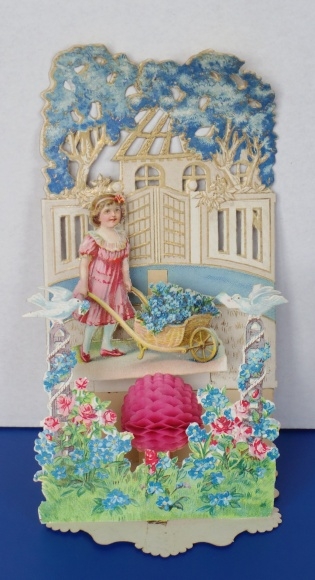 Backdrop card 3D wafer standee, congratulations, girl, wheelbarrow, doves, flowers