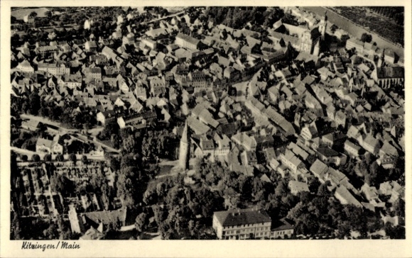 Postcard Kitzingen in Mainfranken Bavaria, aerial view of many roofs, green trees, buildings