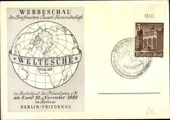 Artist PC Berlin Schöneberg Friedenau, postage stamp advertising show Weltesche 1940