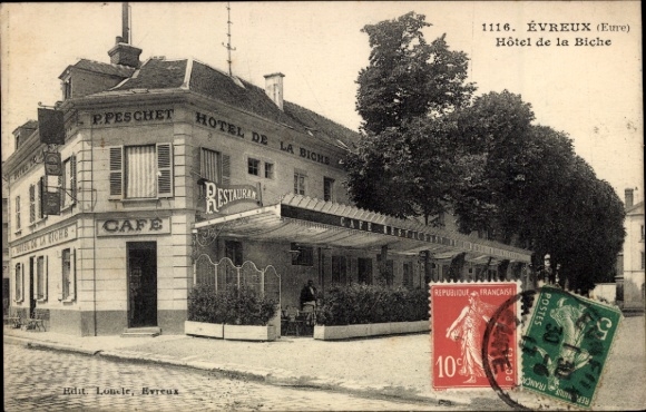 Postcard Évreux Eure, Hotel de la Biche, Café, France,