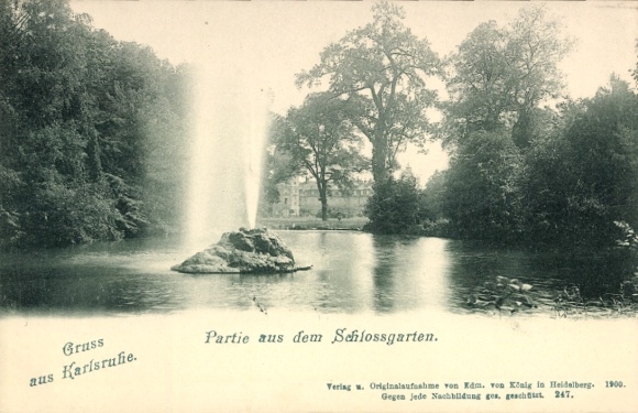 Ak Karlsruhe in Baden, Brunnen, Schlossgarten, Bäume, Wasser,  von 1900