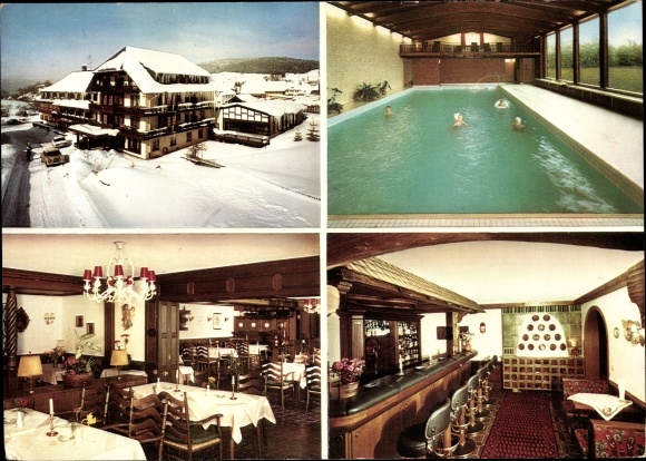 Ak Häusern im Schwarzwald, Hotel Adier, Schwimmbad, Speisesaal, Bar, Außenansicht