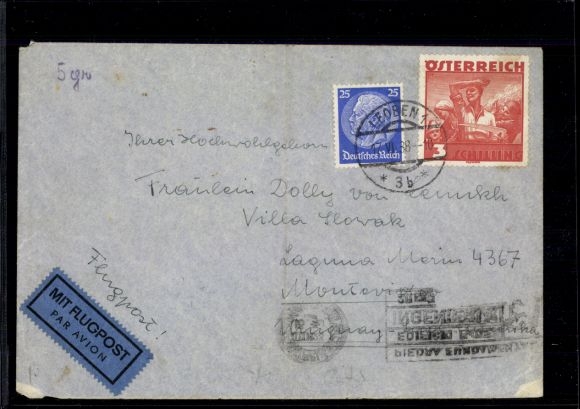 DR Ostmark, Austria No. 586 with DR 522a, airmail letter to Uruguay