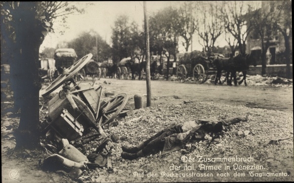Postcard Tagliamento Friuli Venezia Giulia, Italian army collapse, dead soldier