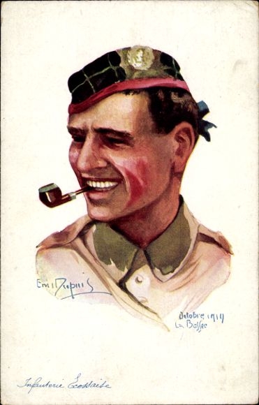 Kunstenaar Ak Dupuis, em., Franse geallieerden, Schotse infanterist, pijp rokend