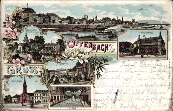 Litho Offenbach, Schlosskirche, Evang. Vereinshaus, Alicenplatz, Kath. Kirche, Stadtbad, Schloss