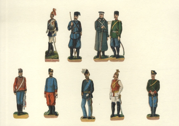 Block of 2 and 7 wafers soldiers in different uniforms, size approx. 8.5 x 2.5 cm, 8.5 x 5 cm