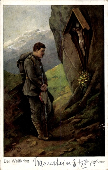 Postcard Traunstein in Upper Bavaria, A soldier stands in front of a rock face with a picture of the crucified Christ.
