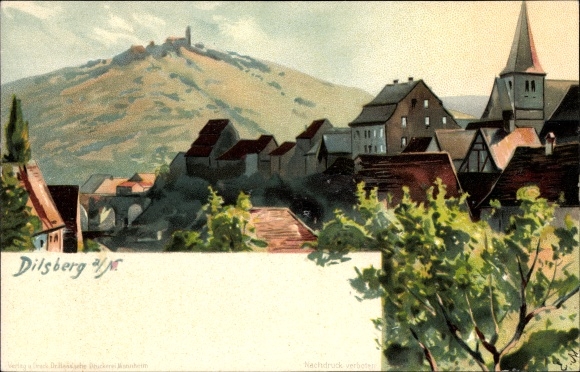 Künstler Litho Dilsberg Neckargemünd in Baden Württemberg, Kirche, Blick auf die Ortschaft