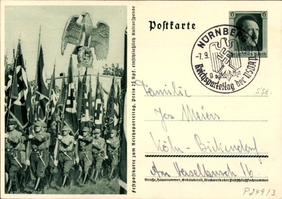 Postal stationery Postcard Nuremberg, Reich Party Rally of the NSDAP 1937, SA marching, national eagle, banner bearer