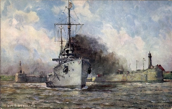 Künstler Ak Malchin, W., S.M. Panzerkreuzer Seydlitz verlässt die Molen von Wilhelmshaven