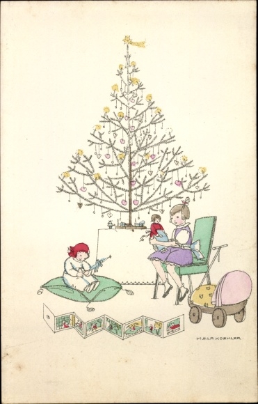 Artist PC Köhler, Mela, Merry Christmas, Christmas Tree, Girl, Doll, Leporello