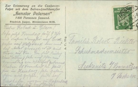 Postcard twin-screw steamer Senator Petersen, HADAG