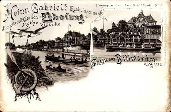 litho Hamburg Bergedorf Billwerder Billwärder, stoombootstation recreatie, vestiging
