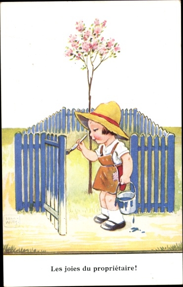 Artist Postcard Wills, John, Child paints a garden fence