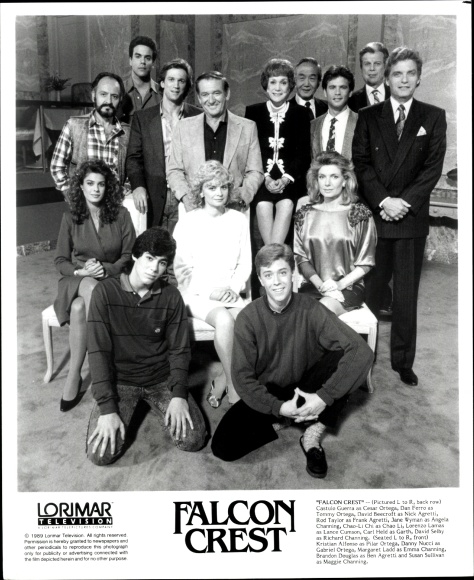 Postcard actors David Beecroft, Rod Taylor, Jane Wyman, series Falcon Crest, group photo
