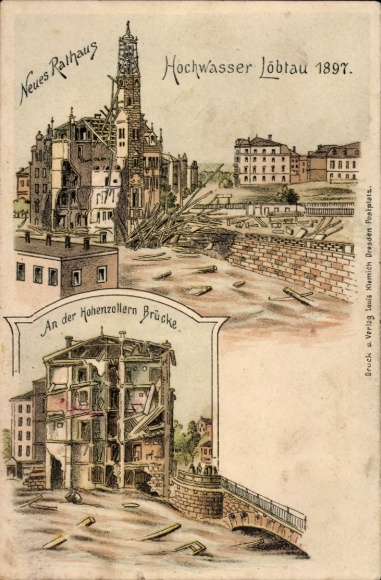 Chromo-Litho Dresden Löbtau, flood 1897, new town hall, section at the Hohenzollern Bridge