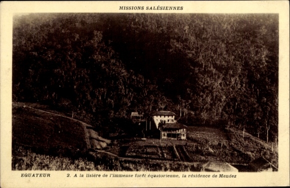 Postcard Ecuador, rainforest and view of Mendez's home, Missions Salesiennes