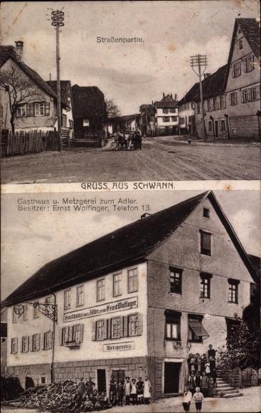 Postcard Schwann Staubenhardt in the Black Forest, street, inn and butcher shop Zum Adler, Ernst Wolfinger