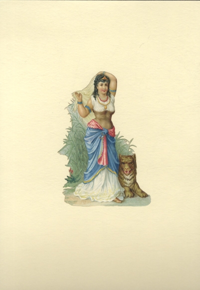 Oblate Young woman in traditional dress with a tiger, size approx. 13.5 x 9 cm