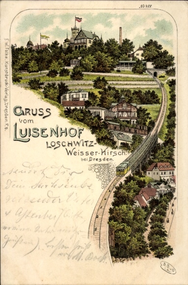 Chromo-Litho Dresden Northeast Loschwitz, Luisenhof, mountain railway, funicular, panorama