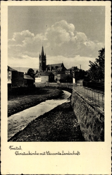 Postcard Freital in Saxony, Christ Church, Weisseritz landscape