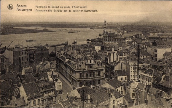KP Antwerpia Flandria, panorama rzeki, statki, widok na miasto