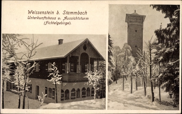Postcard Stammbach in Oberfranken, Weißenstein, accommodation house, observation tower, winter
