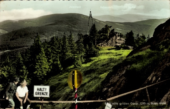 Postcard Osserschutzhaus in the Bavarian Forest, view from the large Osser, border