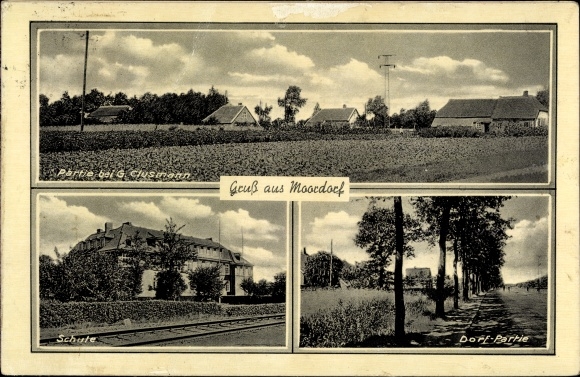Ak Moordorf Südbrookmerland in Ostfriesland, Schule, Bahnschienen, Häuser