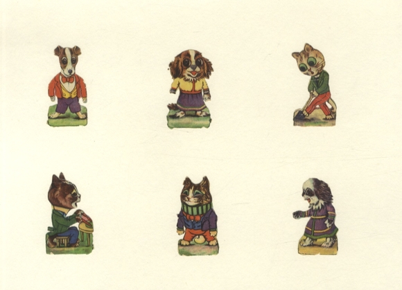 6 Oblaten Katzen und kleine Hunde in menschlicher Kleidung, je ca. 5,5 x 3 cm